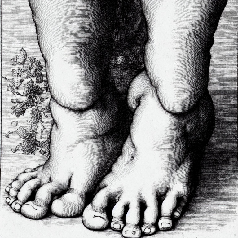 Detailed Black and White Engraving of Human Feet Next to Delicate Flower Cluster