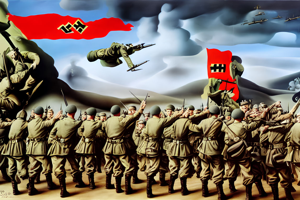 Stylized World War II propaganda poster featuring armed soldiers and fighter planes.