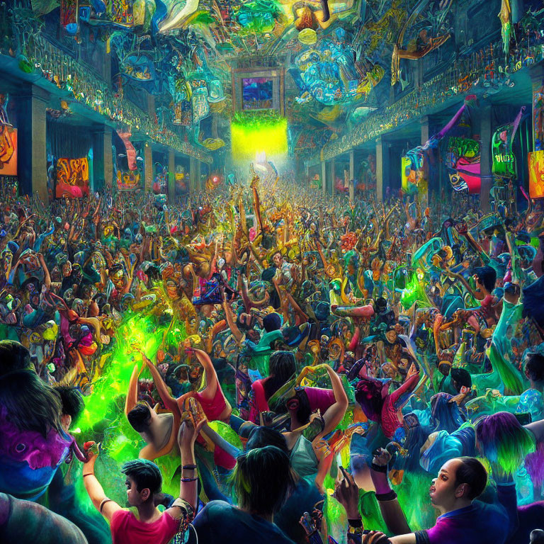Colorful festival scene with dancing crowd and decorative lights