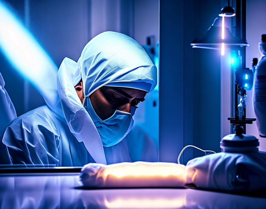 Surgeon in Blue Scrubs Performing Surgery Under Bright Operating Lights