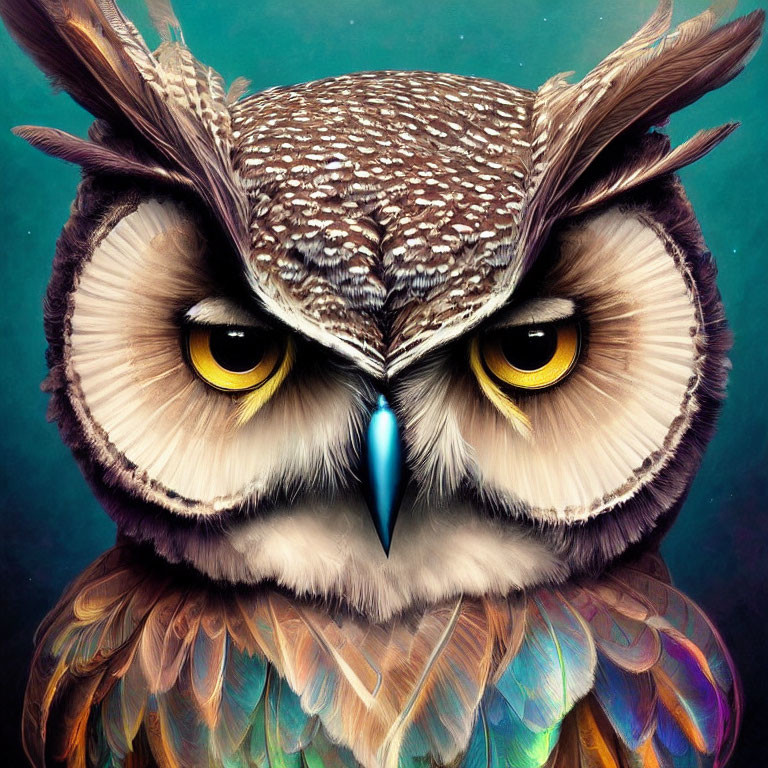 Colorful Owl Illustration with Detailed Feathers and Intense Eyes