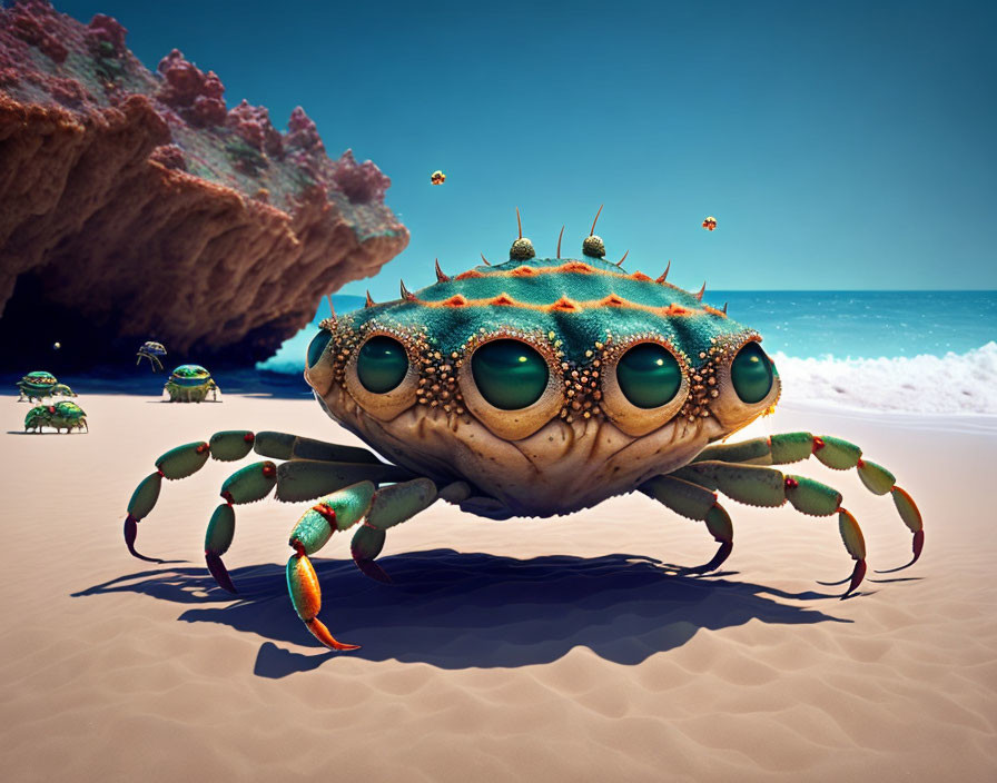 Colorful oversized crabs with expressive eyes on a sandy beach