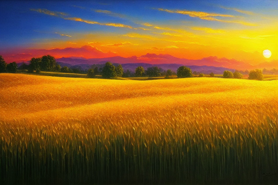 Colorful Sunset Painting with Wheat Field and Mountains