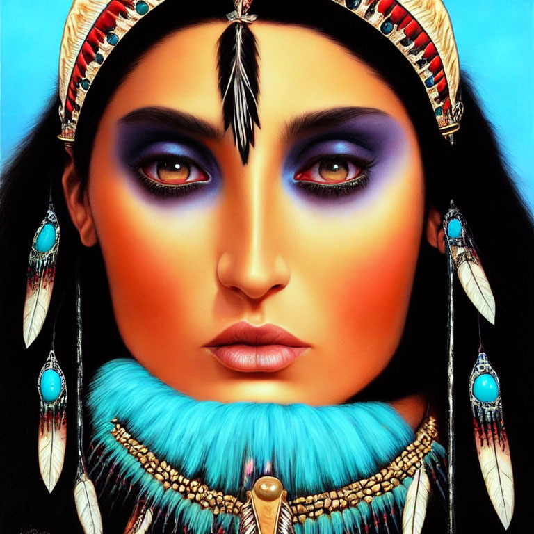 Portrait of woman with striking makeup in Native American attire