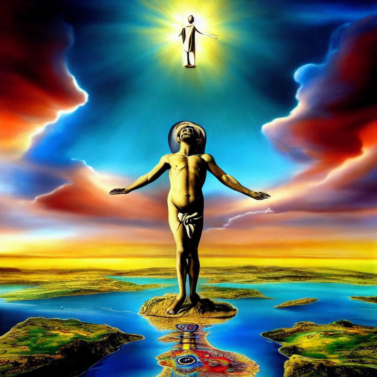 Figure hovering above child on water with aligned chakras against colorful sky and land