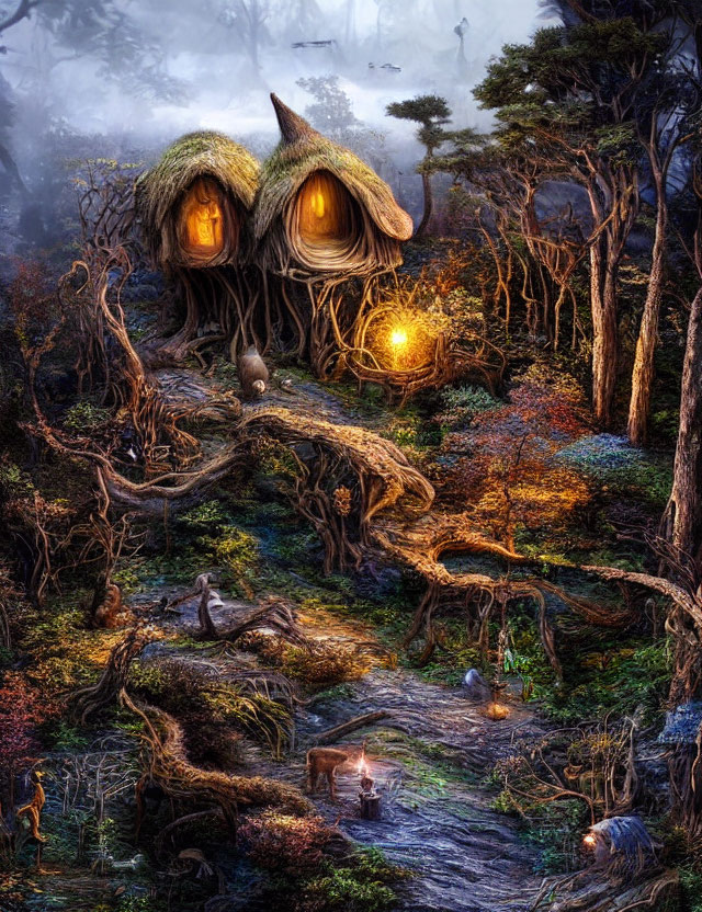 Enchanting forest scene with whimsical treehouses, glowing windows, mystical creatures
