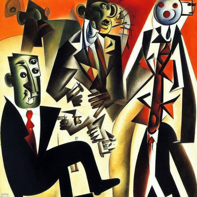 Abstract Cubist Painting of Disjointed Figures in Sharp Suits