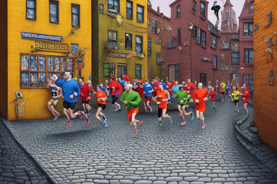 Vibrant runners race down cobblestone street with colorful buildings