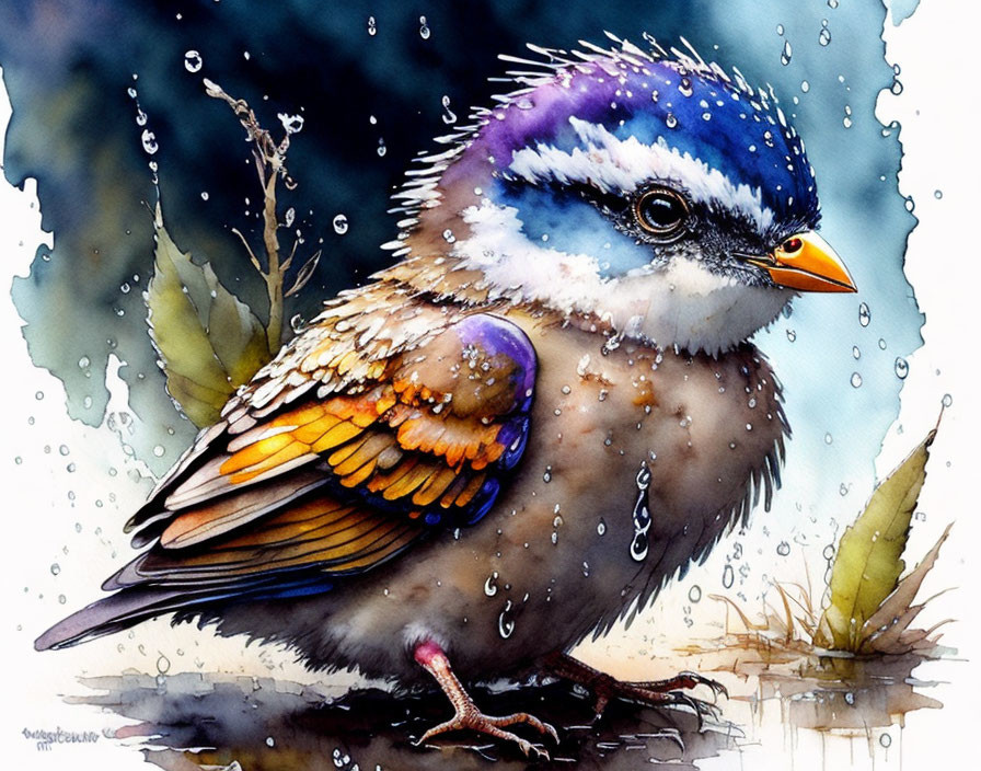 Colorful Watercolor Illustration of Vibrant Bird with Blue Head and Orange Beak