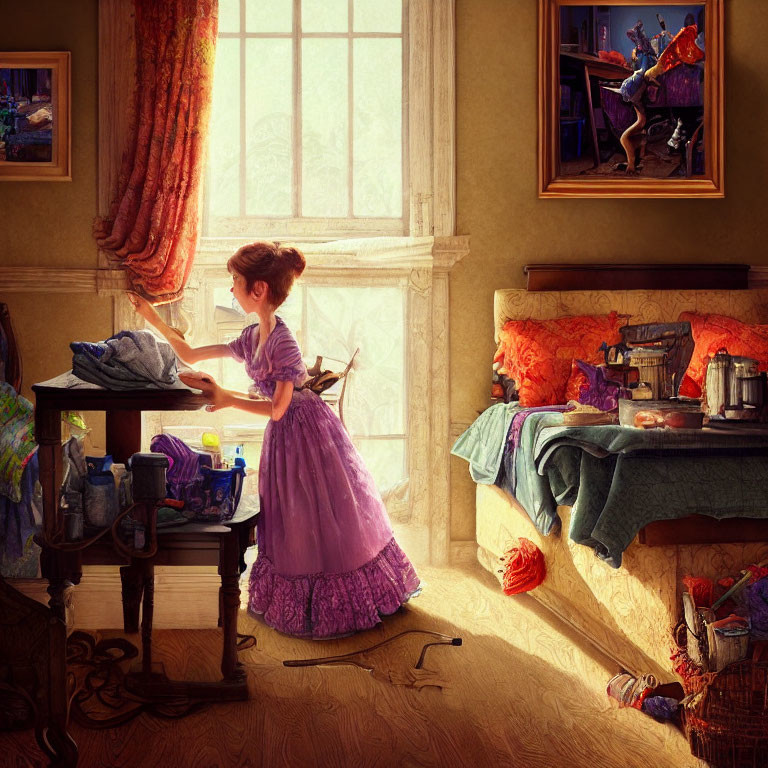 Woman in purple dress ironing in vintage room with violin painting