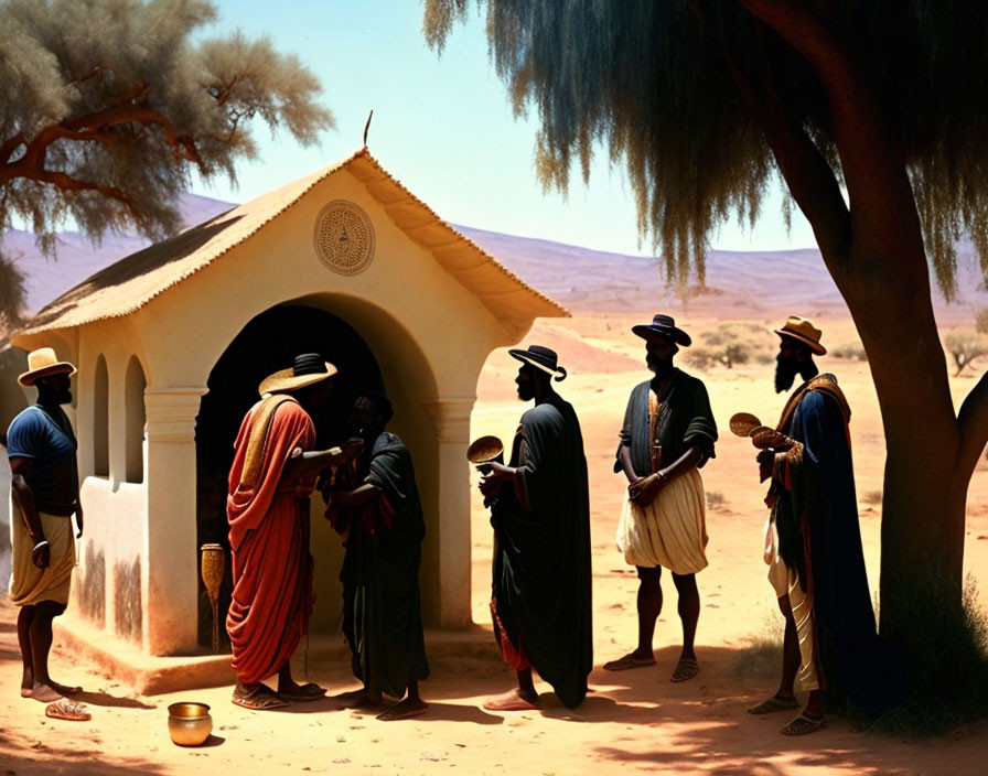 Group of people in traditional attire gathered around small desert structure