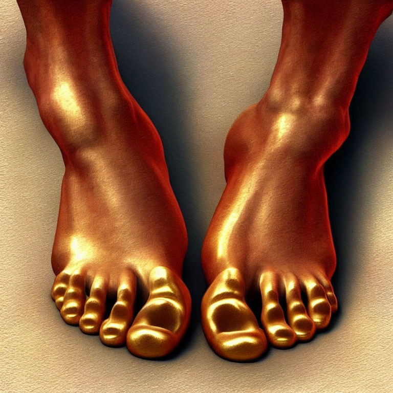 Detailed Close-Up of Golden-Painted Feet on Beige Surface