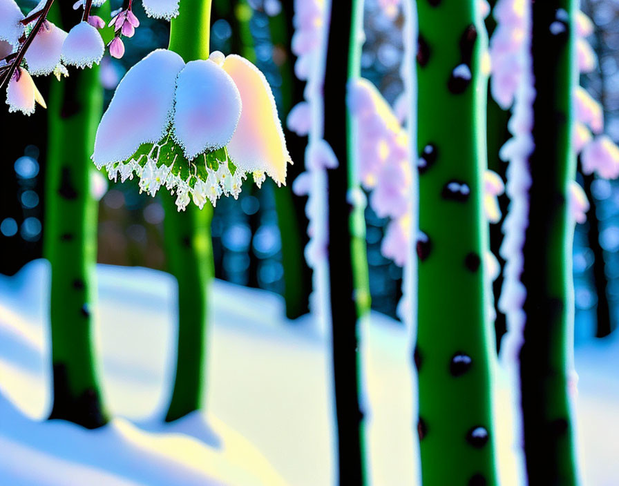 Pink blossoms in snow-covered winter scene