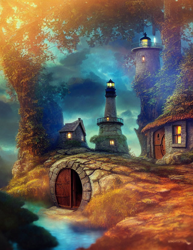 Stone cottage and lighthouse tower in mystical twilight scene
