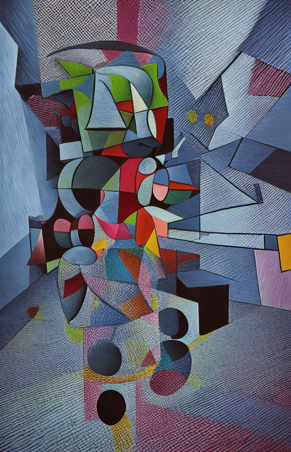 Colorful geometric composition with angular shapes forming a cubist-like figure on textured background