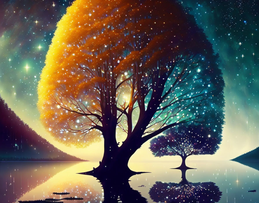 Autumn tree artwork with starry sky and lake reflection