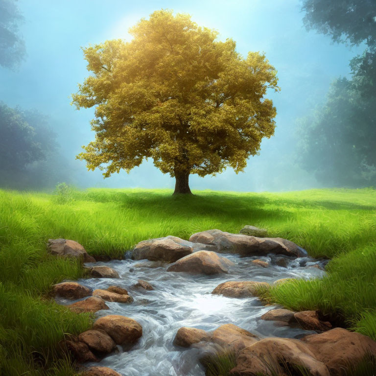 Solitary tree with golden leaves in lush meadow with stream