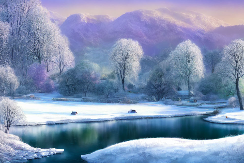 Tranquil winter scene with frozen lake and frost-covered trees