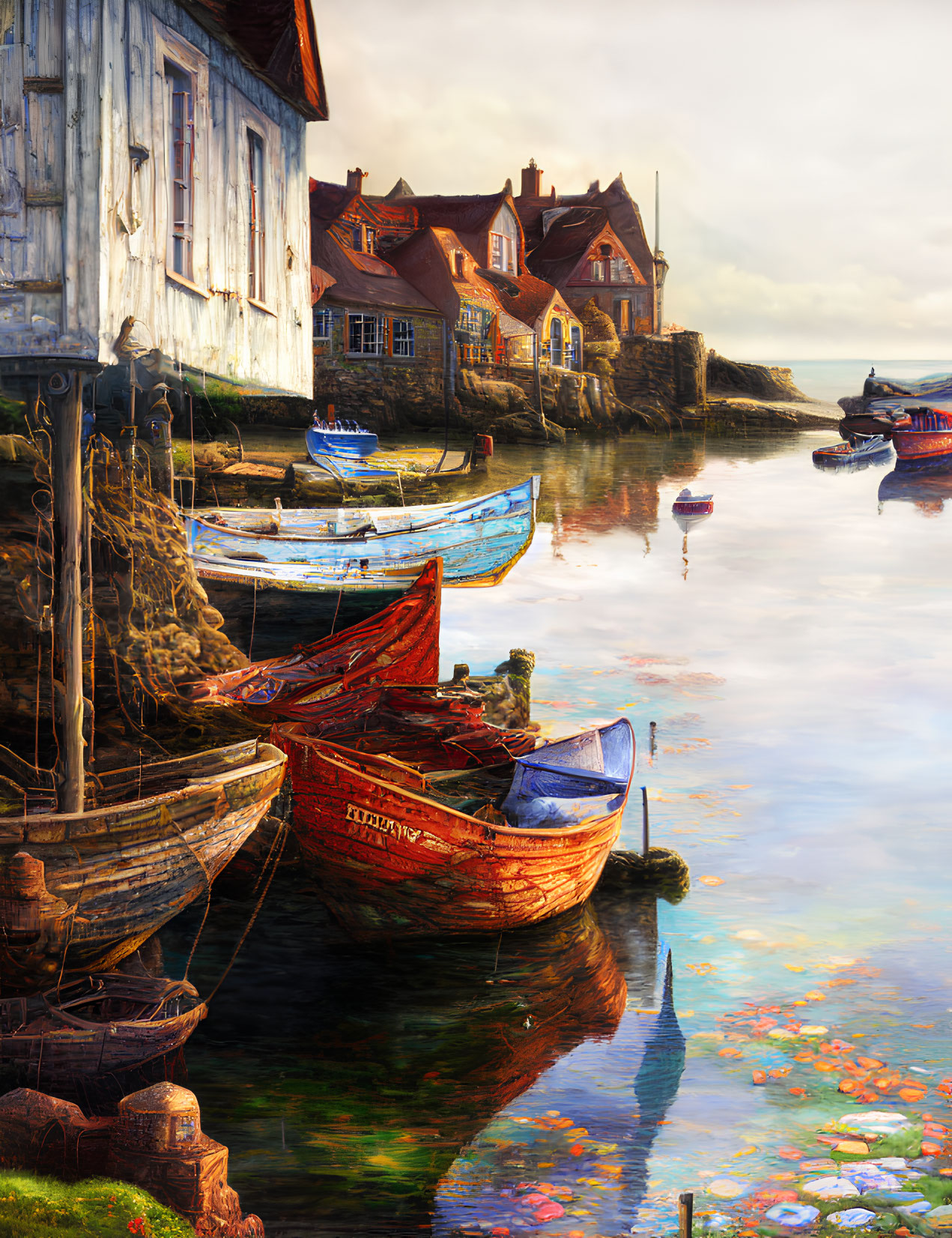Tranquil harbor with colorful boats, white shack, red-roofed houses, and lily