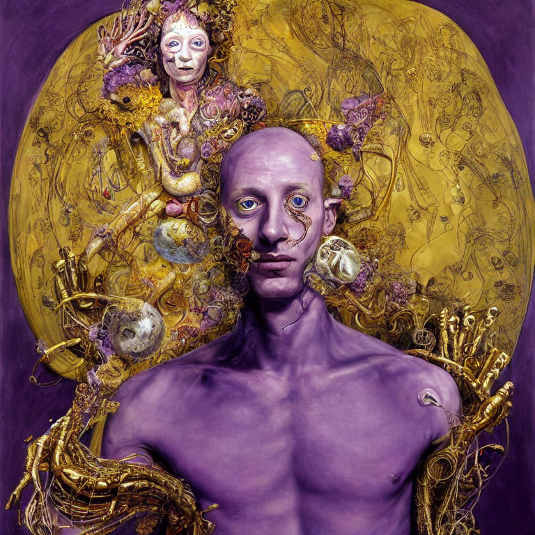 Purple-skinned figure with smaller being on shoulder in surreal portrait