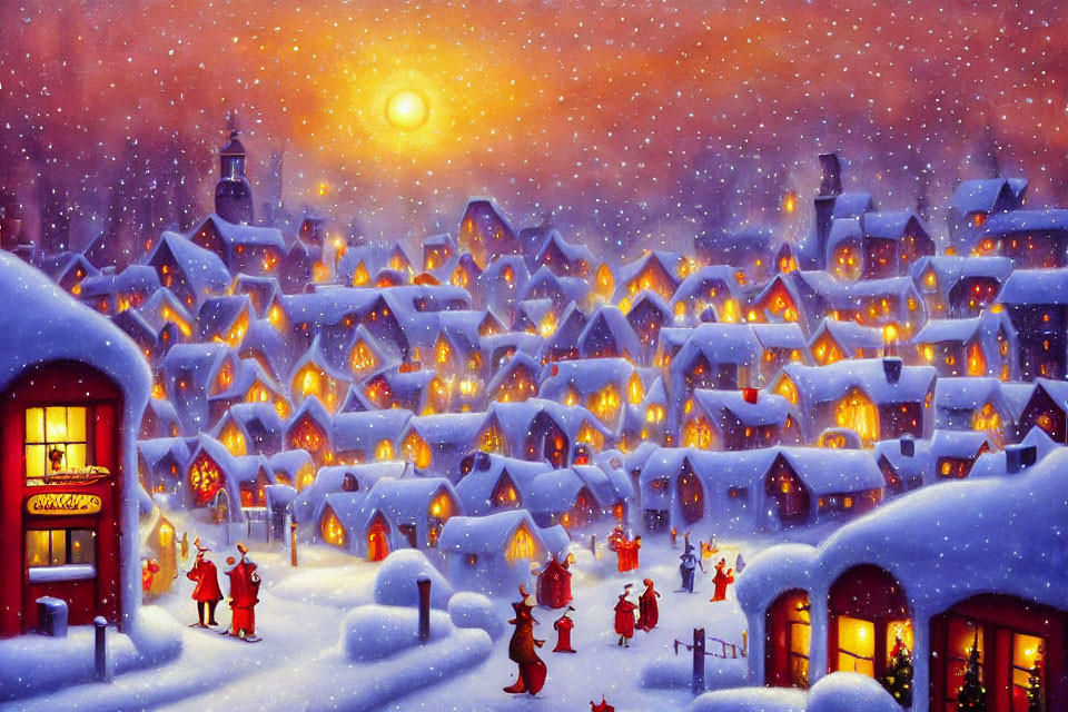 Snow-covered winter village at night with glowing sky and festive lights