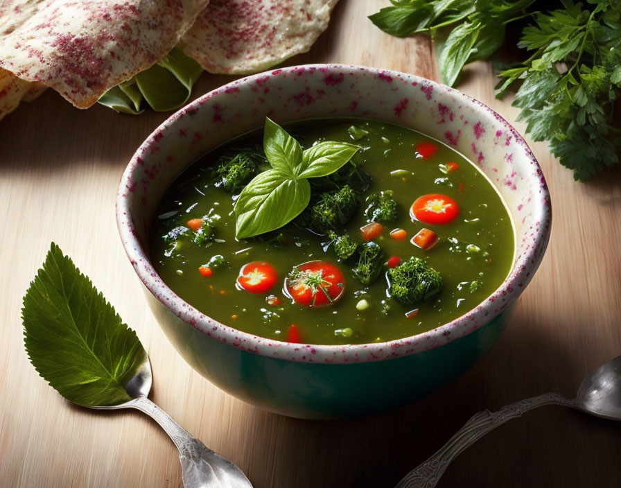 Green Vegetable Soup with Tomato Slices and Bread on Wooden Surface