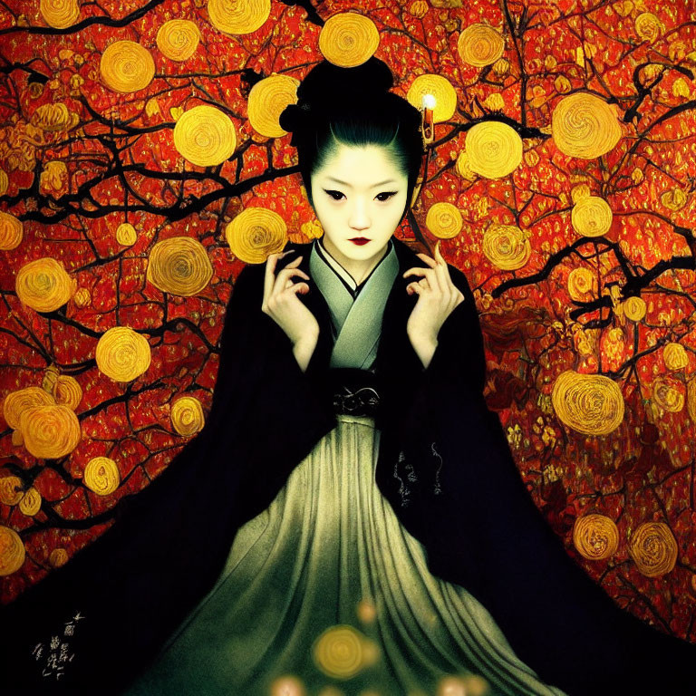 Traditional Japanese attire woman sitting elegantly against vibrant gold and red patterned trees