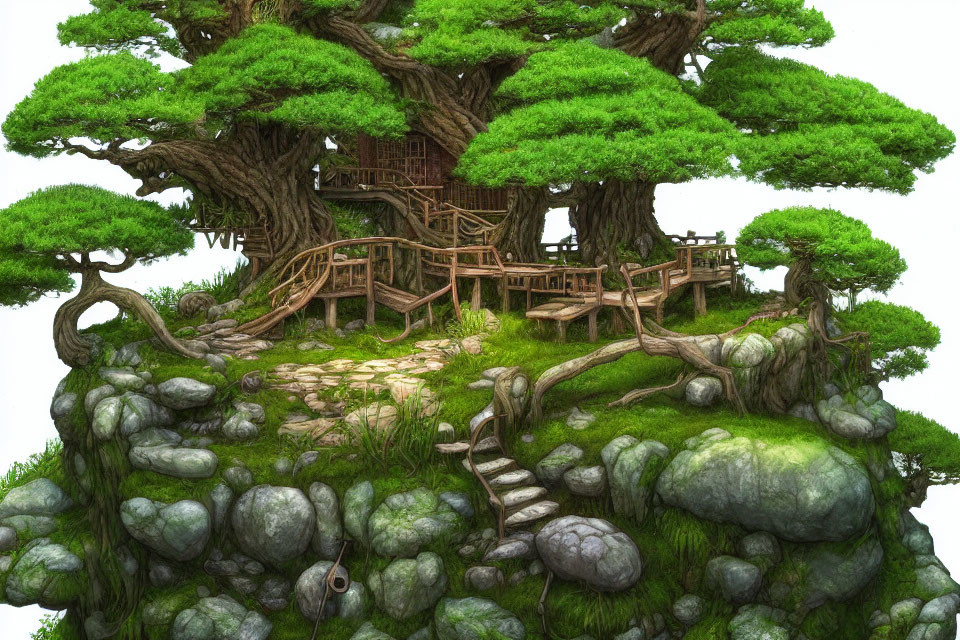 Illustration of large tree with wooden treehouse and staircase in lush green setting