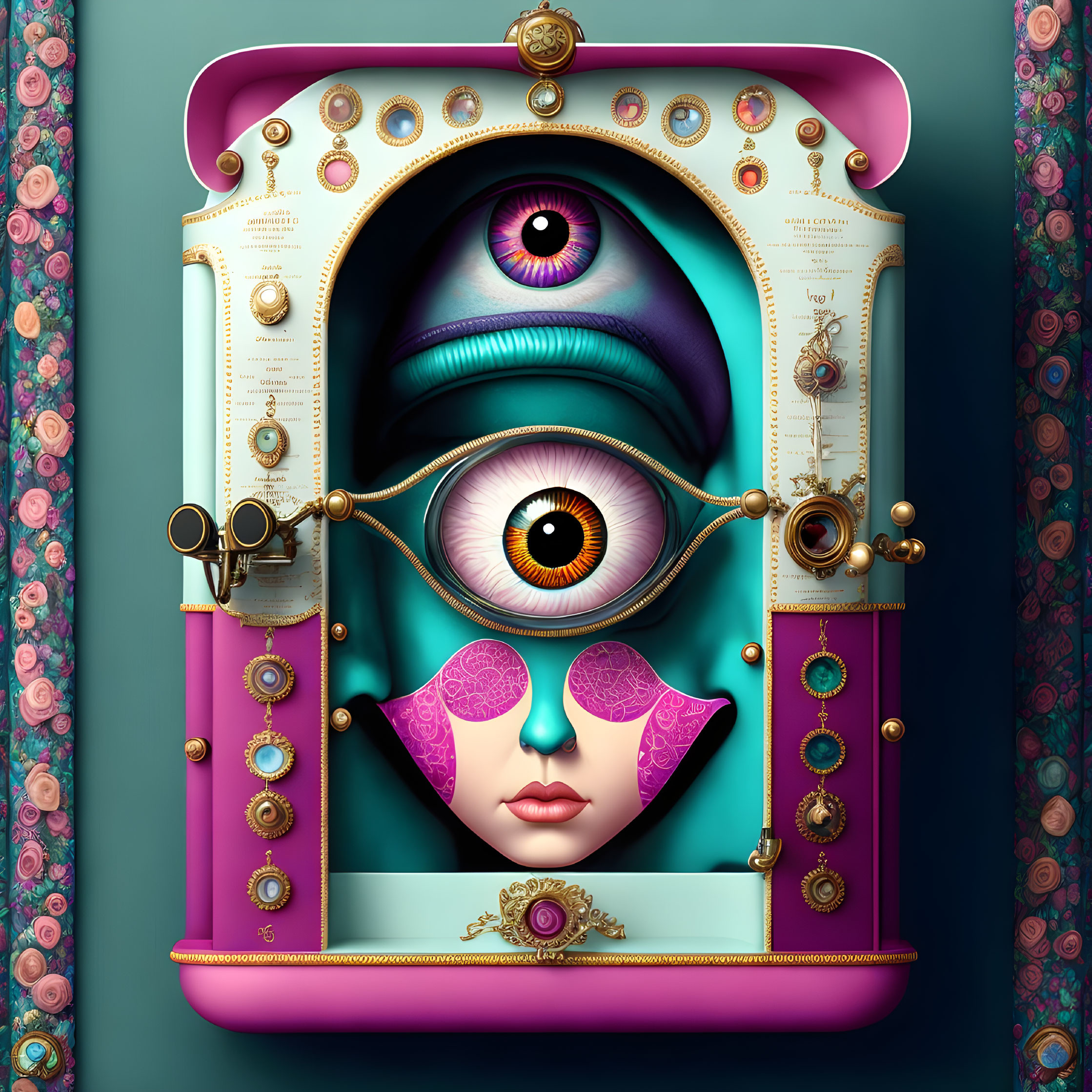 Surreal image with eye, nose, and mouth in ornate frame