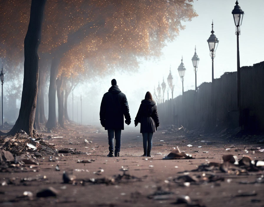 Couple walking under misty canopy with vintage street lamps
