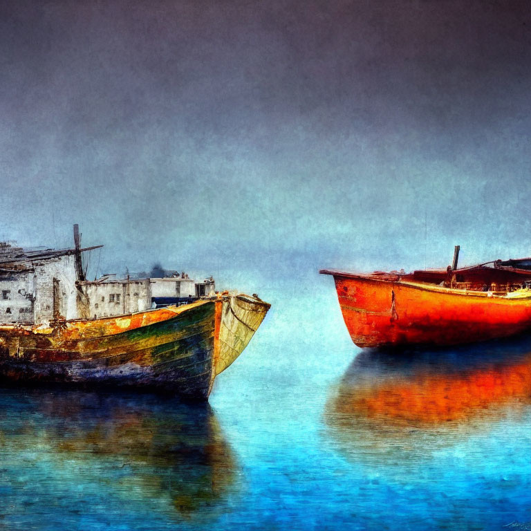 Two old boats, one white and one orange, on tranquil waters - dreamy, artistic effect.