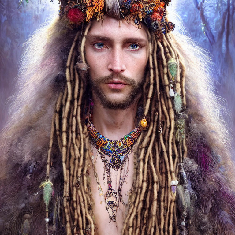 Mystical figure with tribal jewelry and vibrant headdress in misty forest