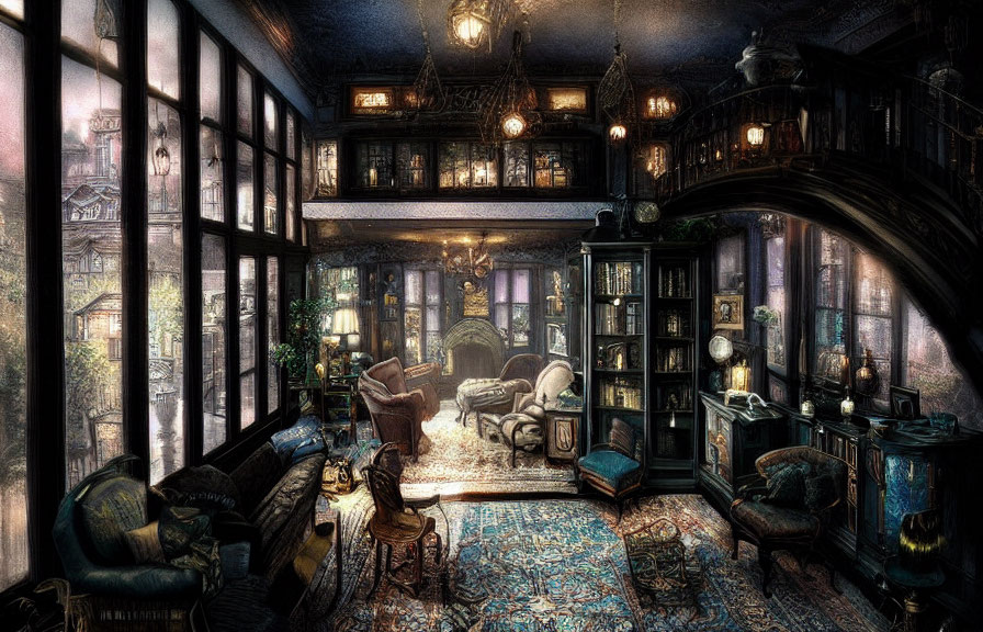 Dimly Lit Ornate Library with Large Windows and Cozy Armchairs