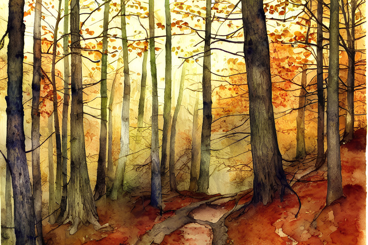 Sunlit Autumn Forest Watercolor Painting with Path and Tall Trees