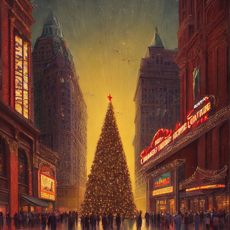Cityscape with Christmas tree, illuminated buildings, and snowfall at twilight
