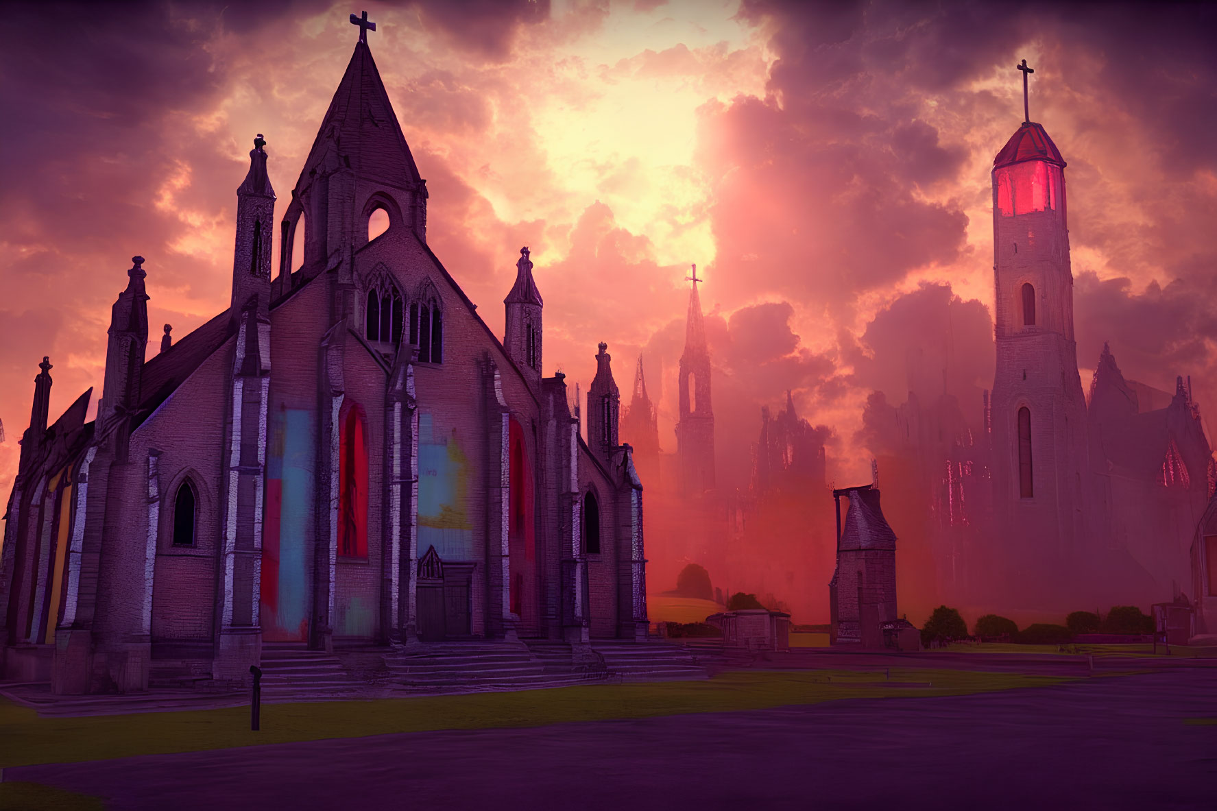 Gothic Church Silhouettes in Red Sunset Sky