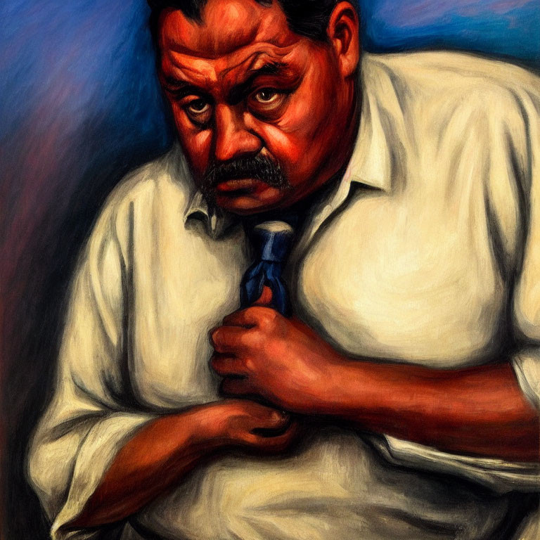 Portrait of a solemn man with mustache in white shirt and blue tie on dark red and blue background