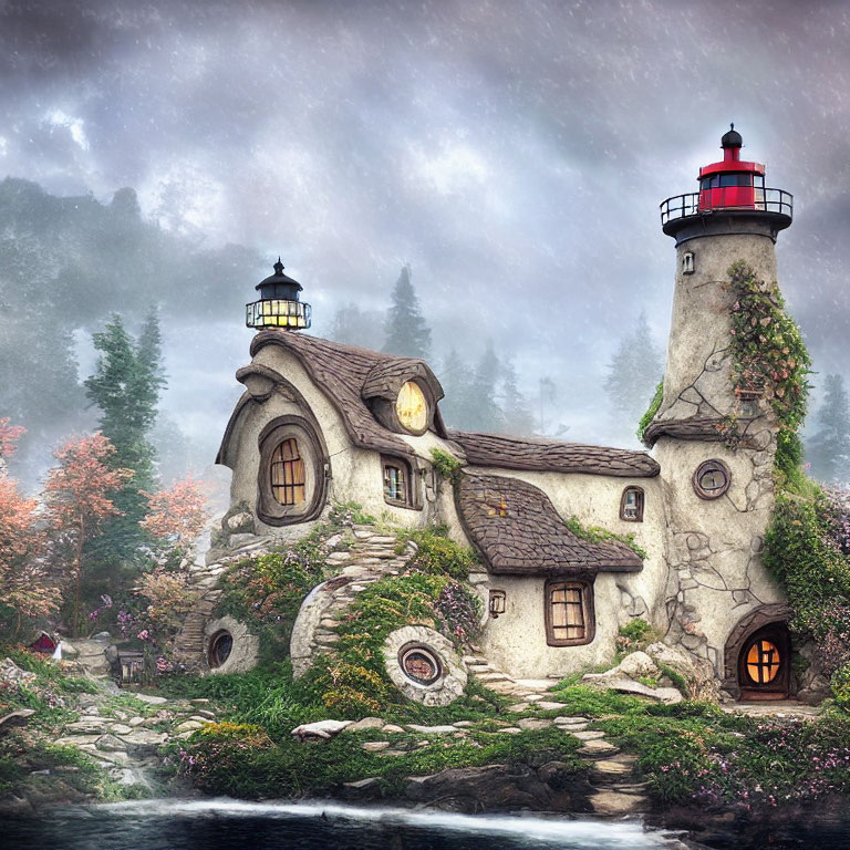 Whimsical cottage with attached lighthouse by stream in misty setting
