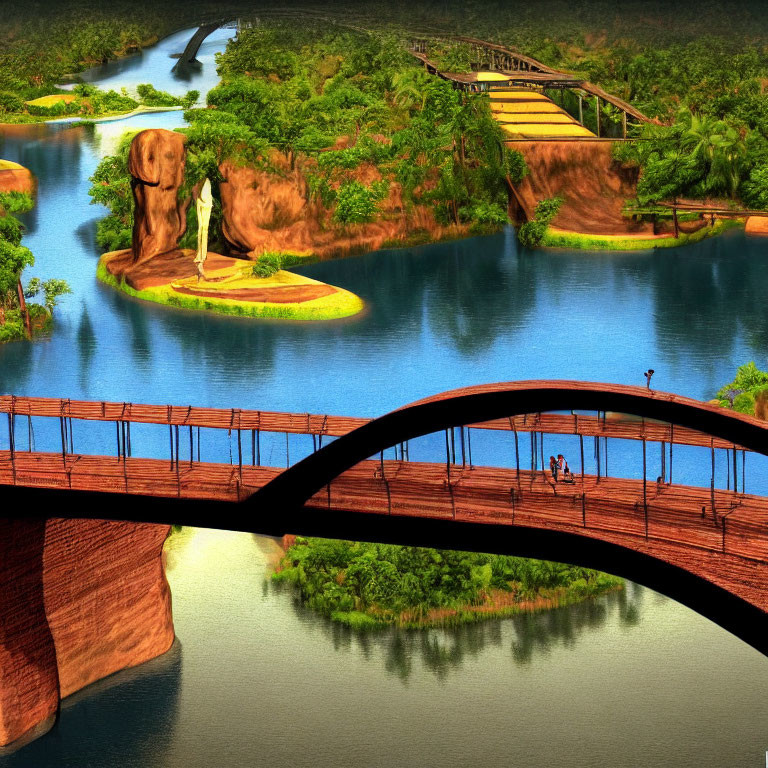 Illustration of bridges over serene waters with trees, waterfall, and person