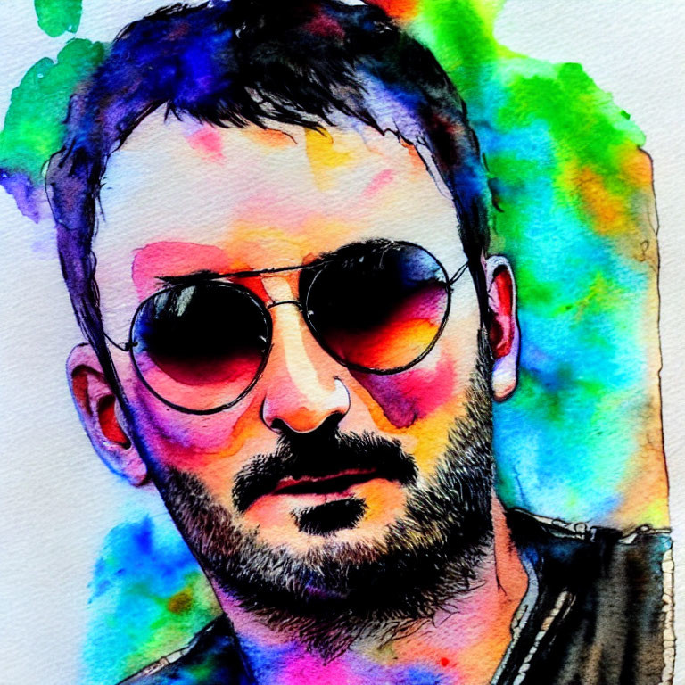 Colorful Watercolor Painting of Bearded Man in Round Sunglasses