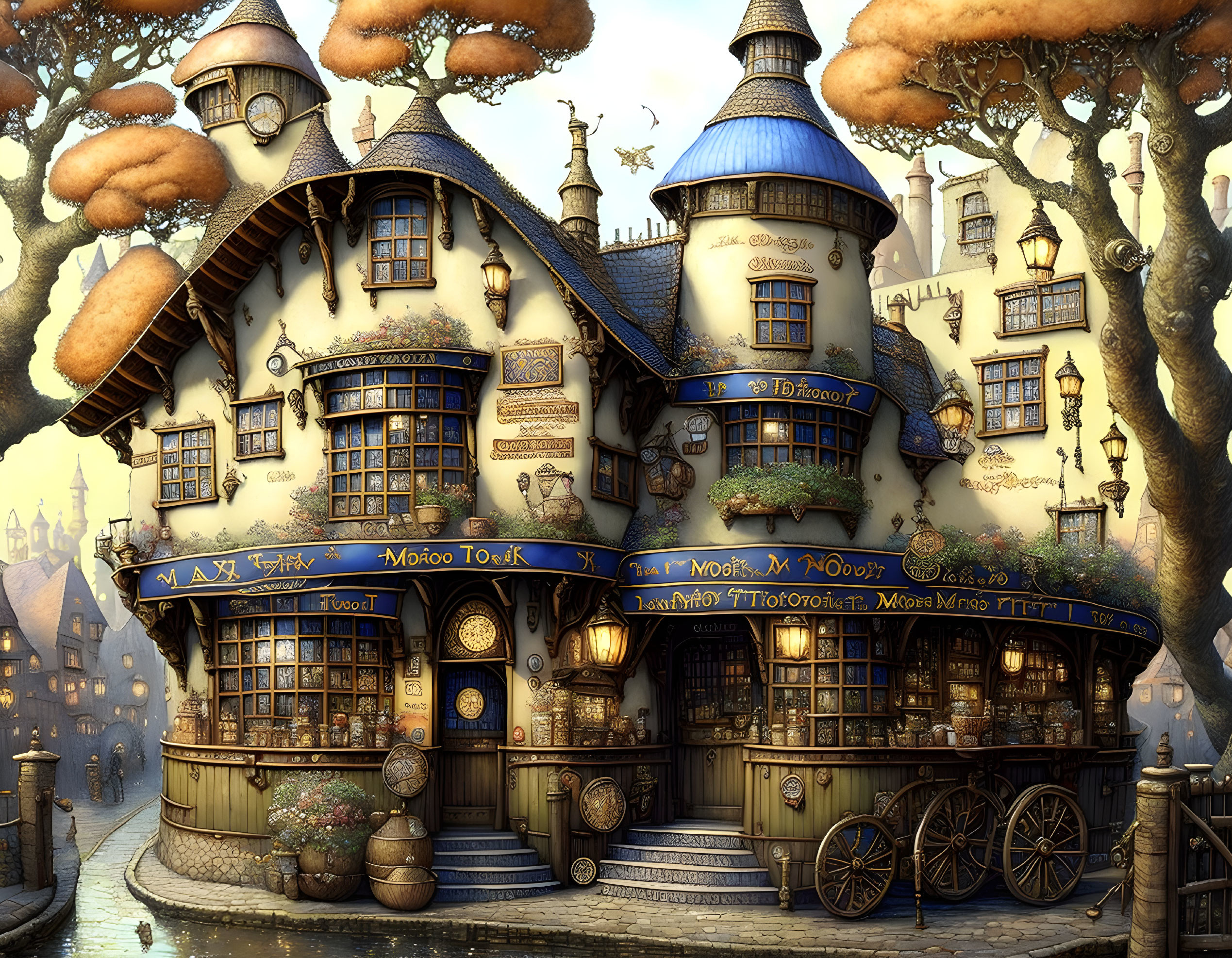 Whimsical Fantasy Bookstore with Blue Roofs and Tree-like Structures