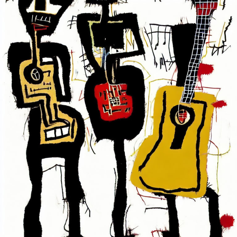 Vibrant abstract art: three guitars in black, red, and yellow on chaotic backdrop