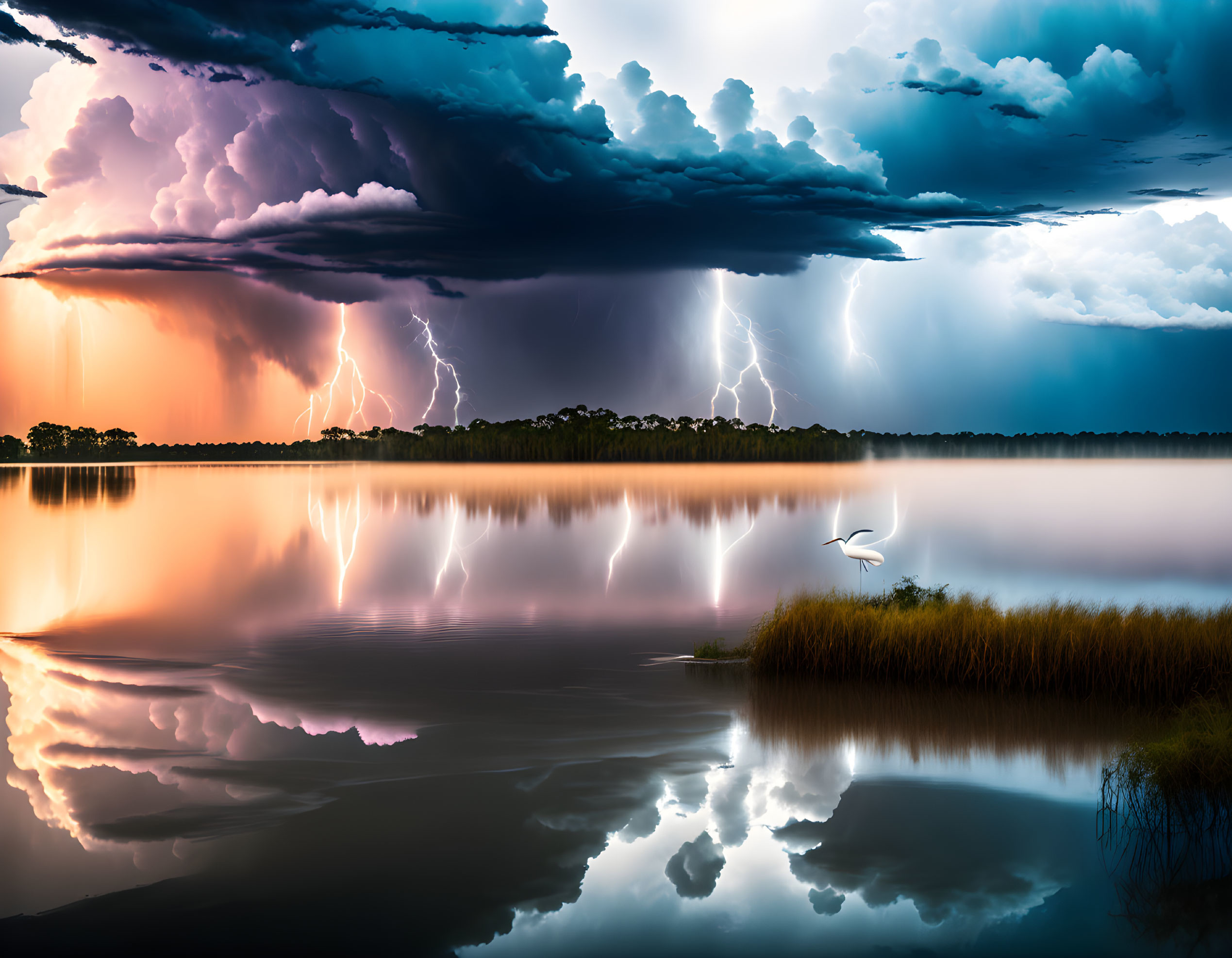 Dramatic lightning bolts over serene lake at dusk