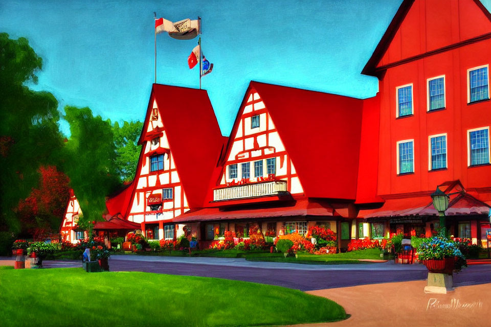 Colorful painting of red and white timber-framed building with floral display under blue sky.