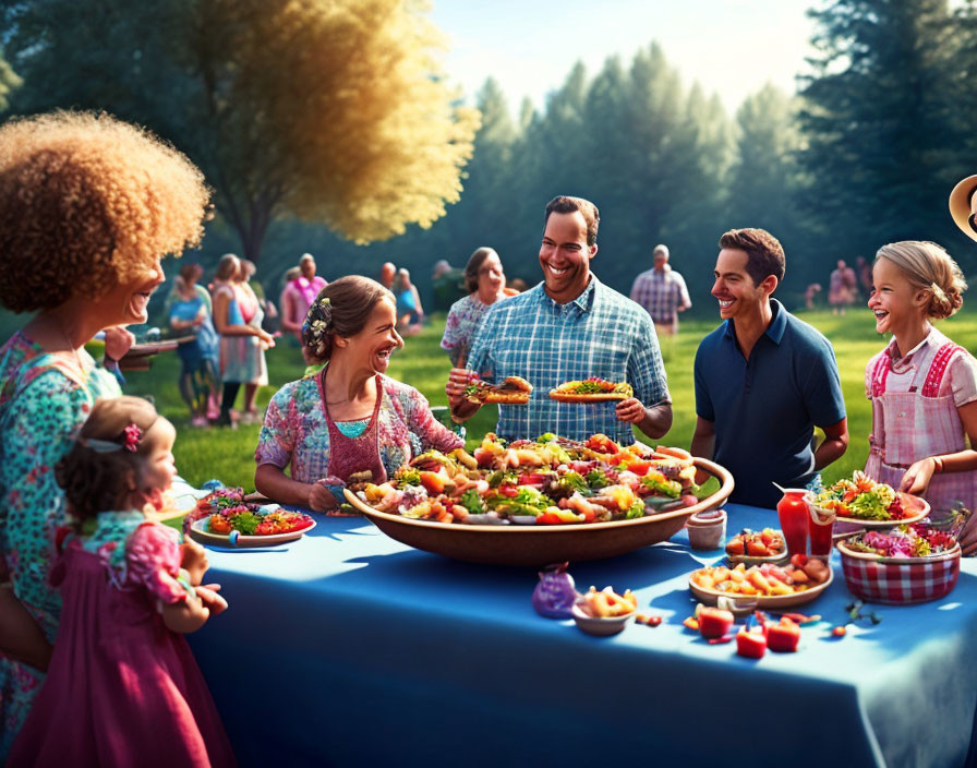 Sunny outdoor gathering with people of all ages around a table of food