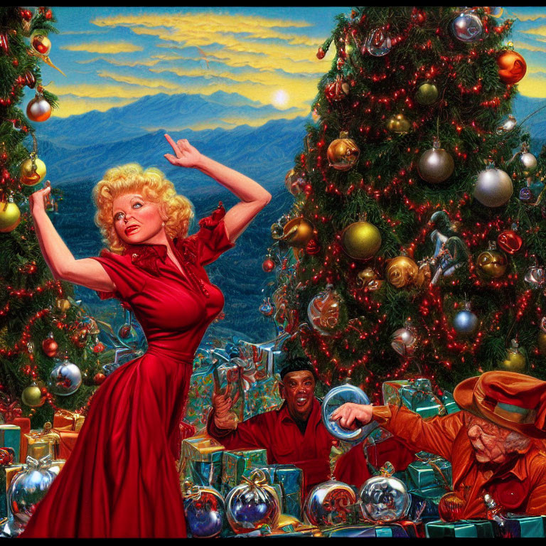 Vintage-style illustration of woman dancing near Christmas tree with musicians and gifts