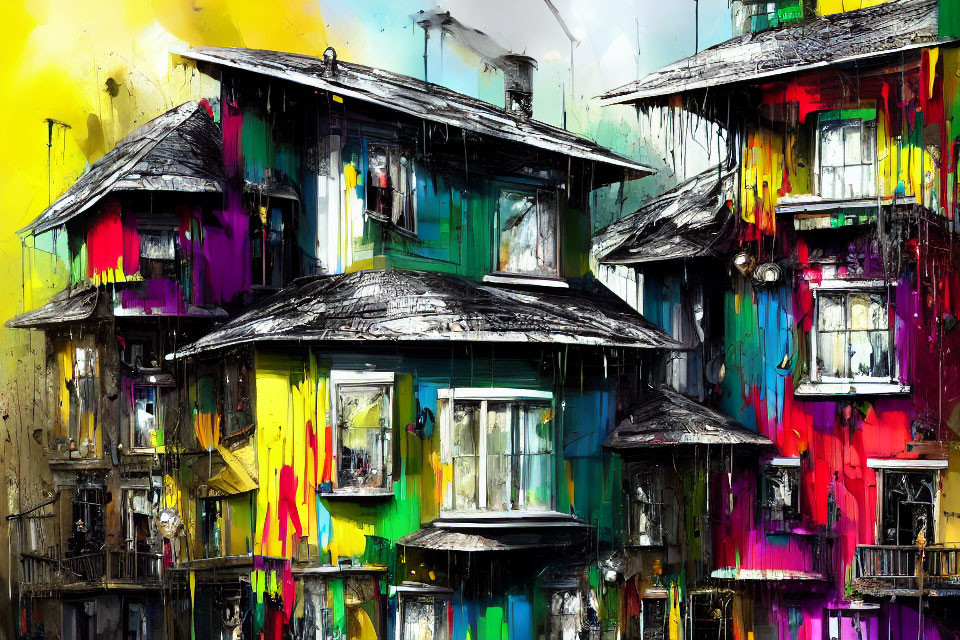 Colorful urban houses with dripping paint under yellow sky - blending urban scenery with abstract twist