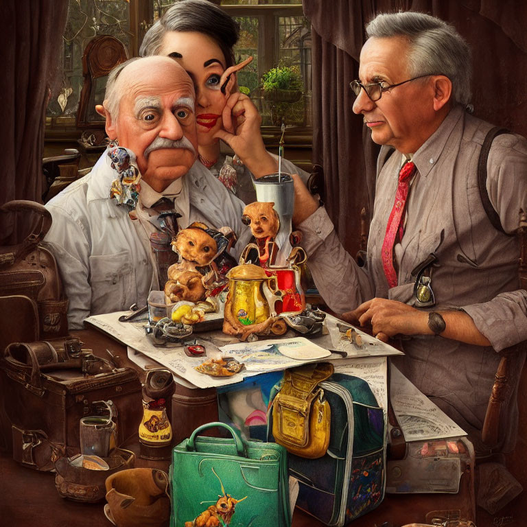 Elderly couple with whimsical tea set and vintage items at cluttered table