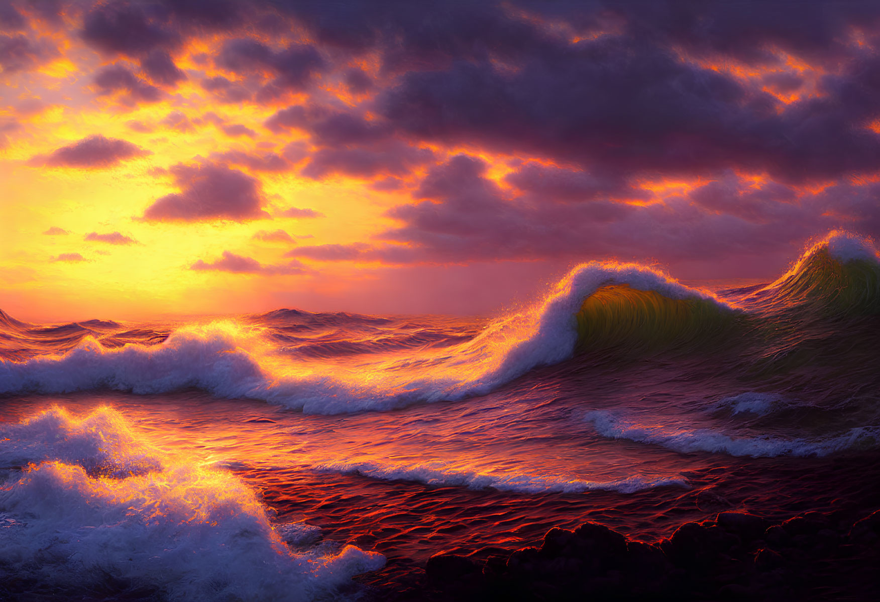 Vivid sunset over turbulent ocean with fiery clouds and powerful waves.