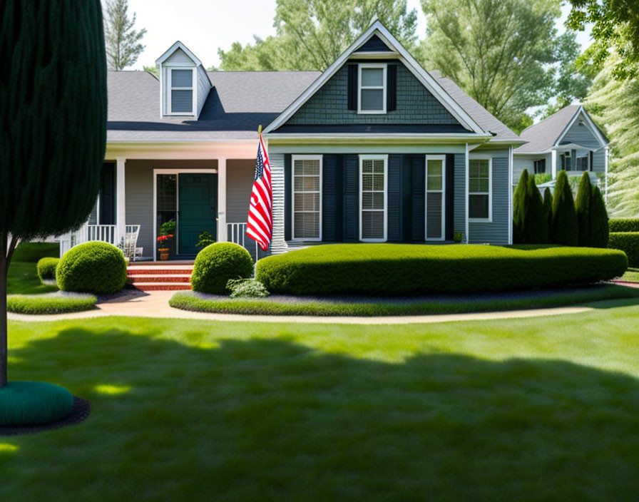 Manicured suburban home with American flag and sunny sky